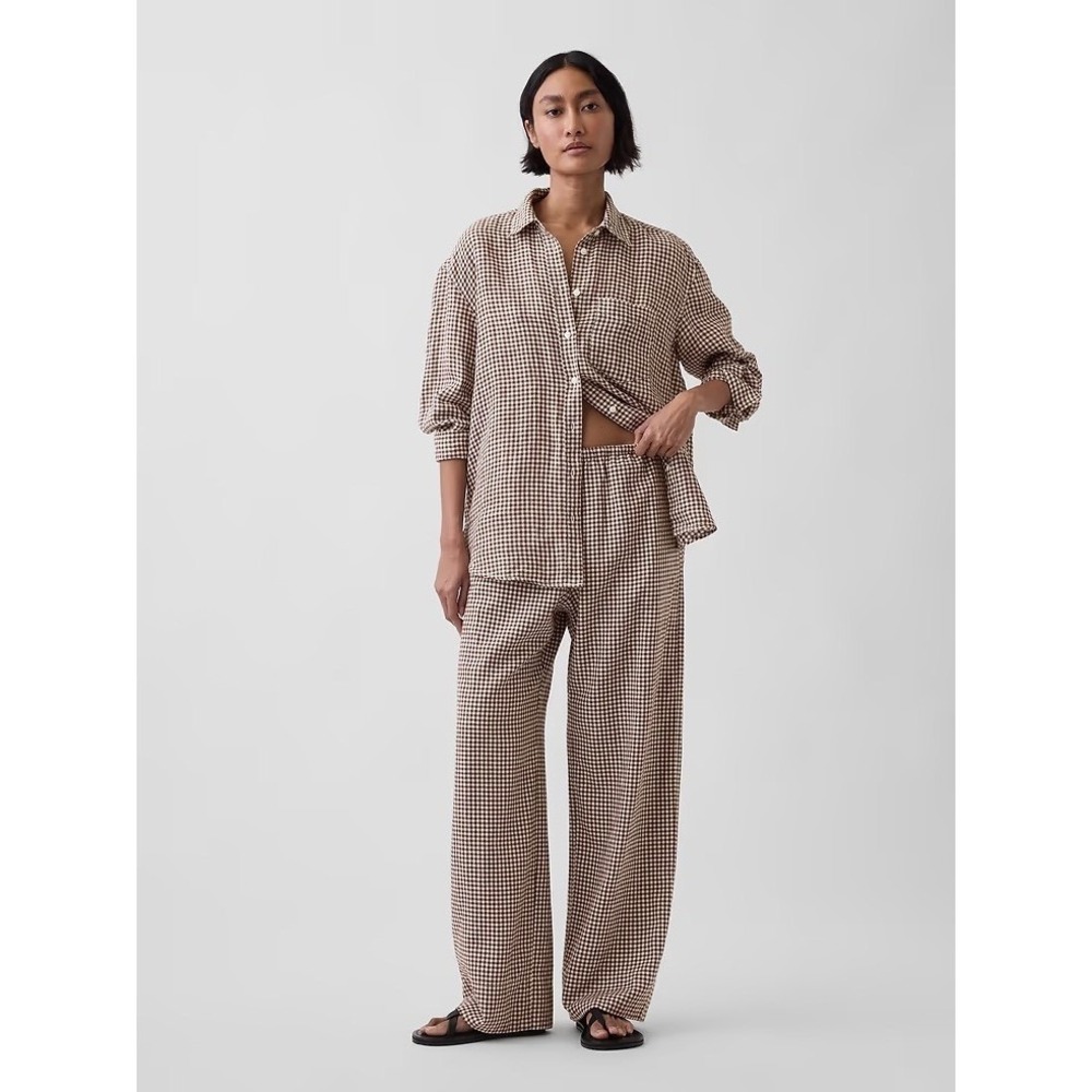 Gap Linen-Blend Easy Wide-Leg Pants in Brown Plaid | Size Small